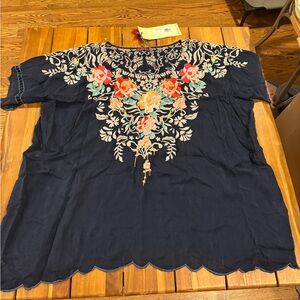 NWT Navy Blue Embroidered Johnny Was Short Sleeve Blouse Women's Size XL